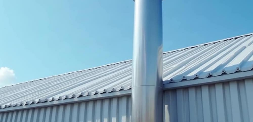 Conduit de rejet en inox qui traverse la toiture en bac acier d'un atelier, sous un ciel bleu