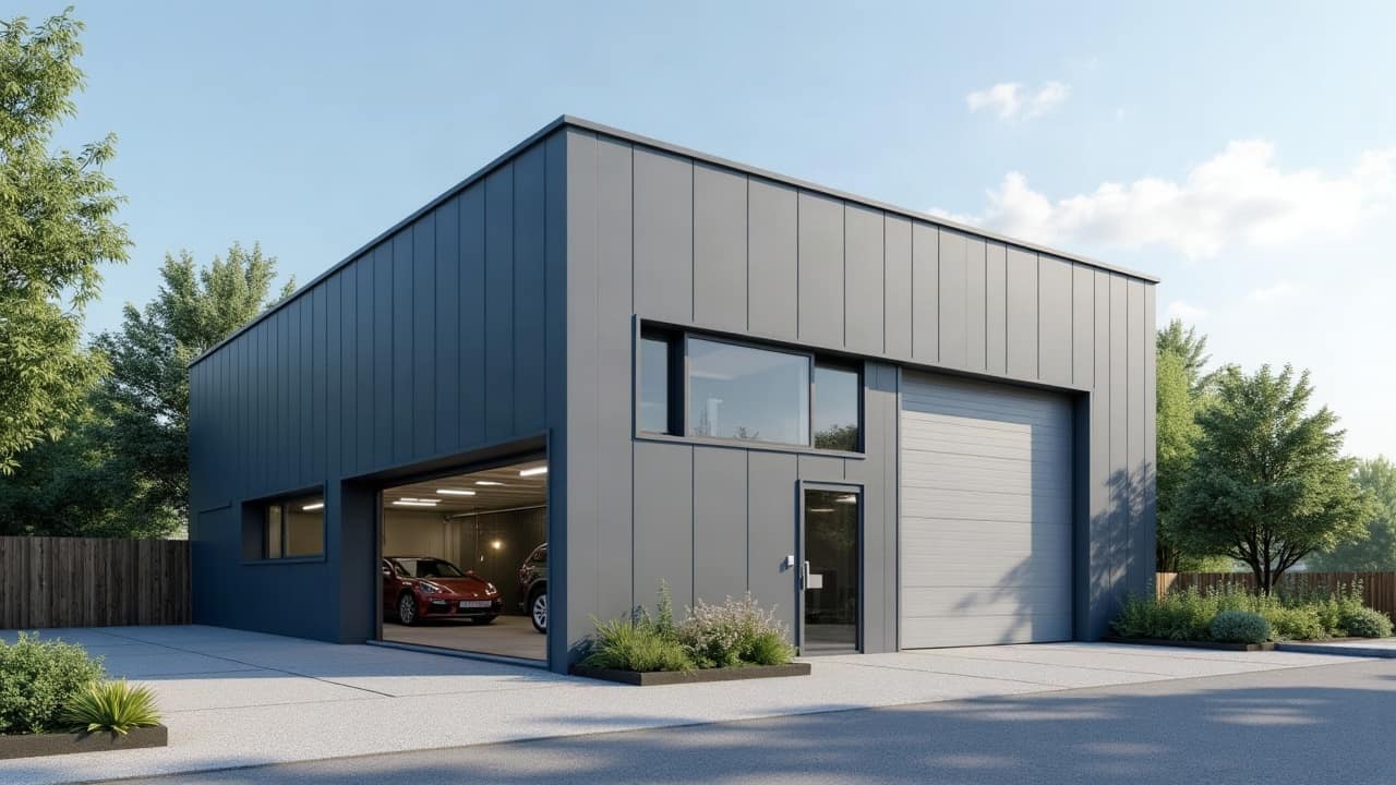 Atelier récent en bardage gris anthracite et gris clair, grande porte sectionnelle fermée et baie ouverte sur un espace éclairé