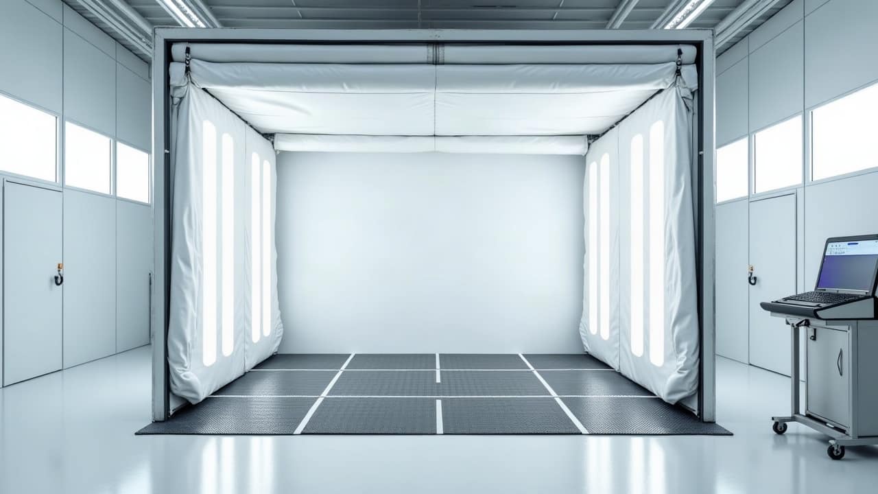 Cabine rétractable à parois souples blanches et rampes lumineuses, déployée sur un sol en caillebotis, poste informatique sur chariot à droite