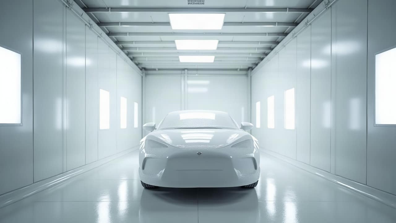 Voiture housée de blanc au centre d'une cabine de peinture fermée, plafond éclairé et hublots lumineux sur les parois