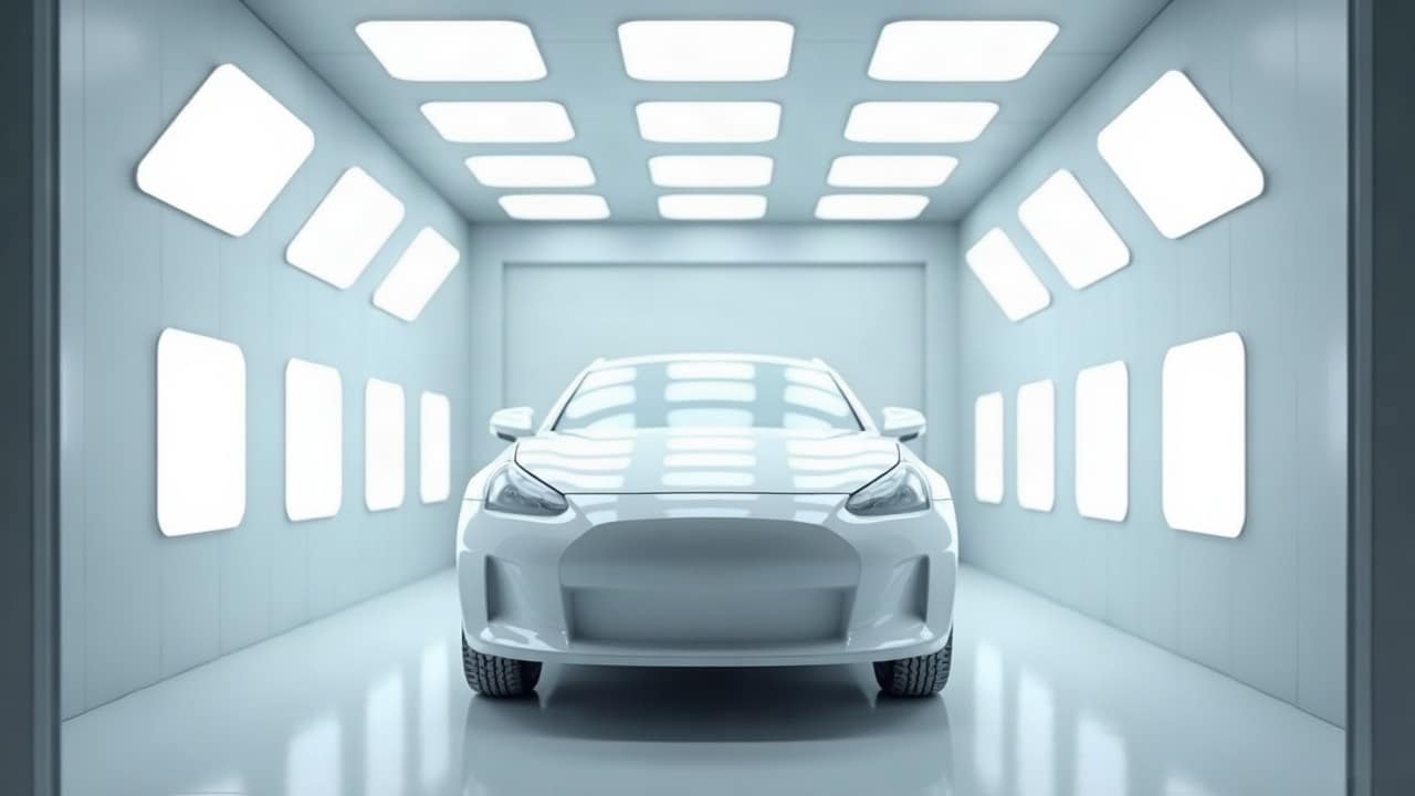 Voiture housée de blanc dans une cabine de peinture fixe, plafond et parois garnis de panneaux lumineux