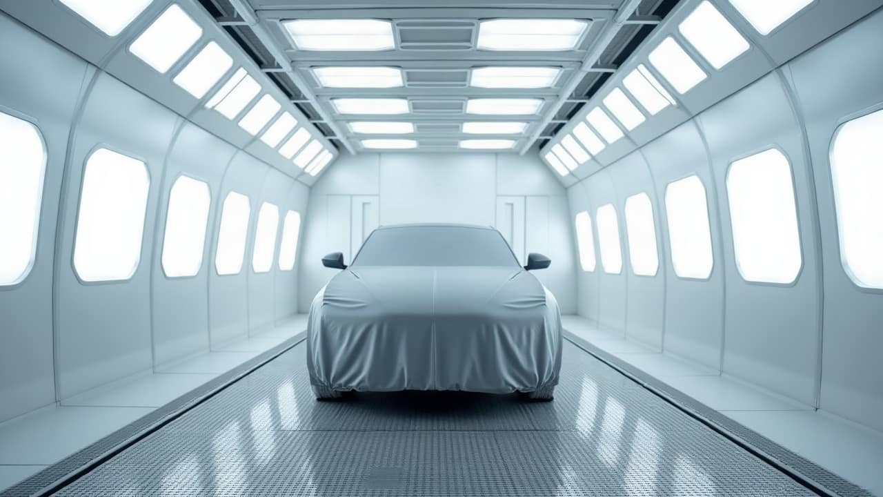 Paroi extérieure blanche d'une cabine de peinture avec un manomètre différentiel à colonne inclinée et ses deux tubes souples, sans chiffre lisible