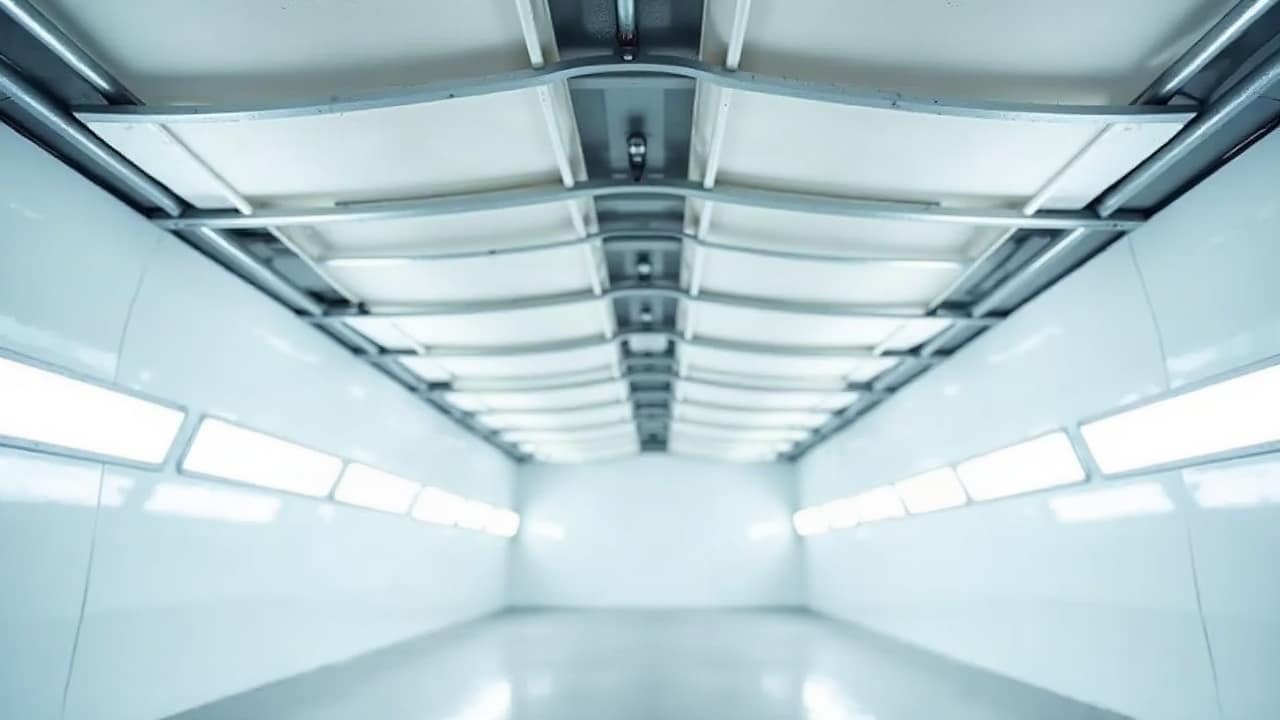 Plafond d'une cabine de peinture vu en contre-plongée, panneaux filtrants blancs dans leurs cadres métalliques et éclairage le long des parois