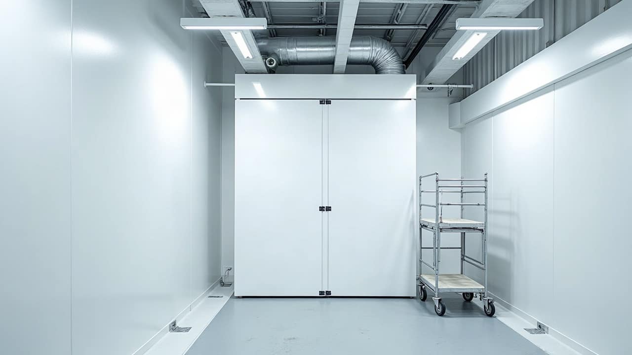 Cabine blanche à double porte en cours d'installation, gaine souple raccordée au plafond et échafaudage roulant à côté