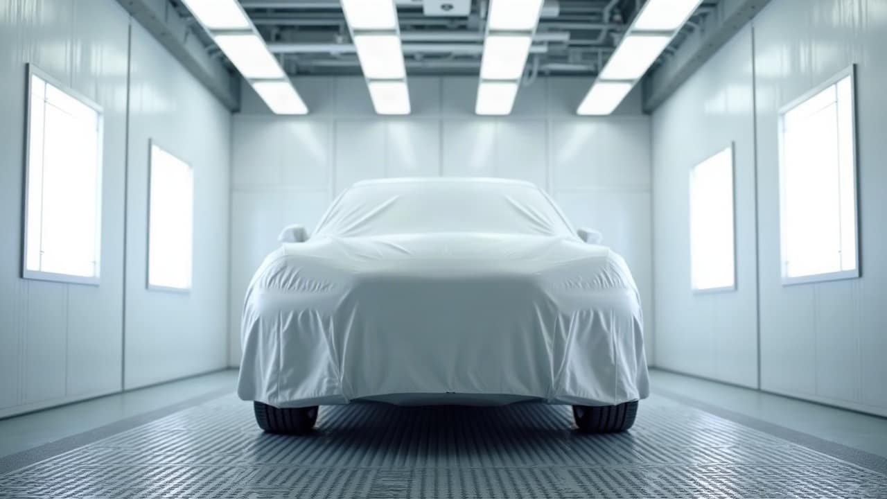 Laboratoire de préparation des peintures moderne et rangé, poste de pesée ventilé en inox, étagères de pots fermés sur bacs de rétention