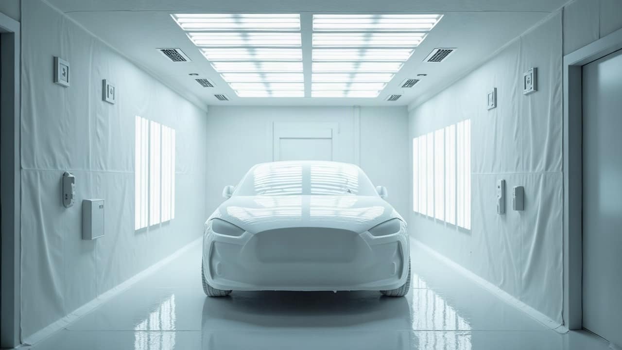 Voiture housée de blanc dans une cabine de peinture aux parois tendues de blanc et au plafond lumineux