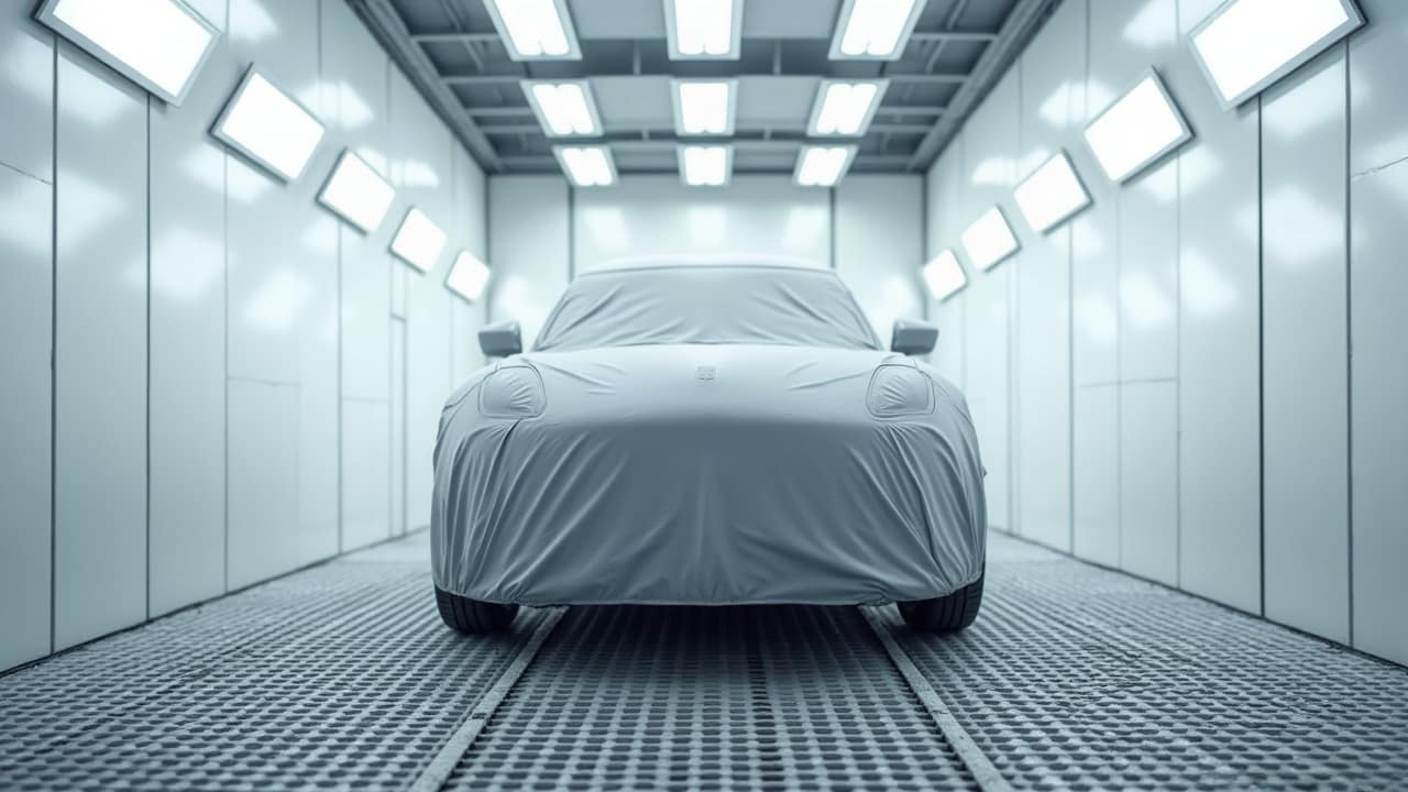 Mur aspirant de peinture dans un atelier clair, paroi filtrante blanche au fond d'une enceinte ouverte, éléments de carrosserie déposés sur des supports devant