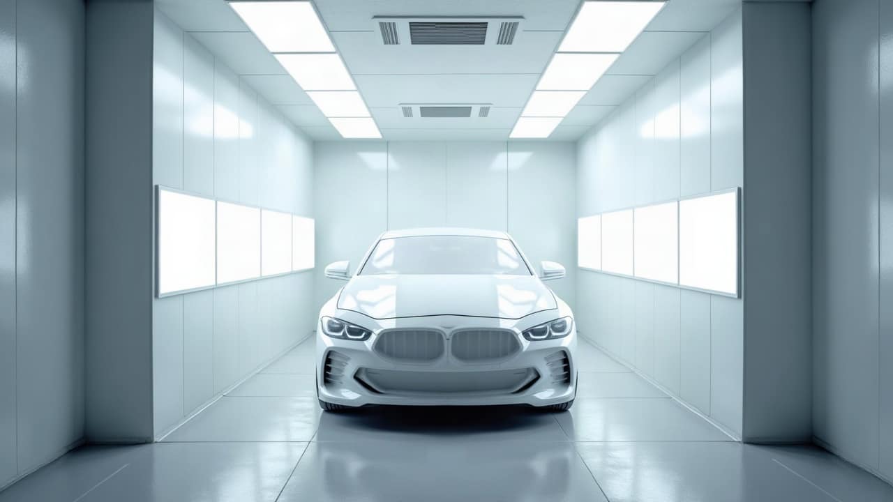 Cabine de peinture fermée aux parois blanches et au plafond lumineux, voiture récente recouverte d'une housse de masquage blanche au centre