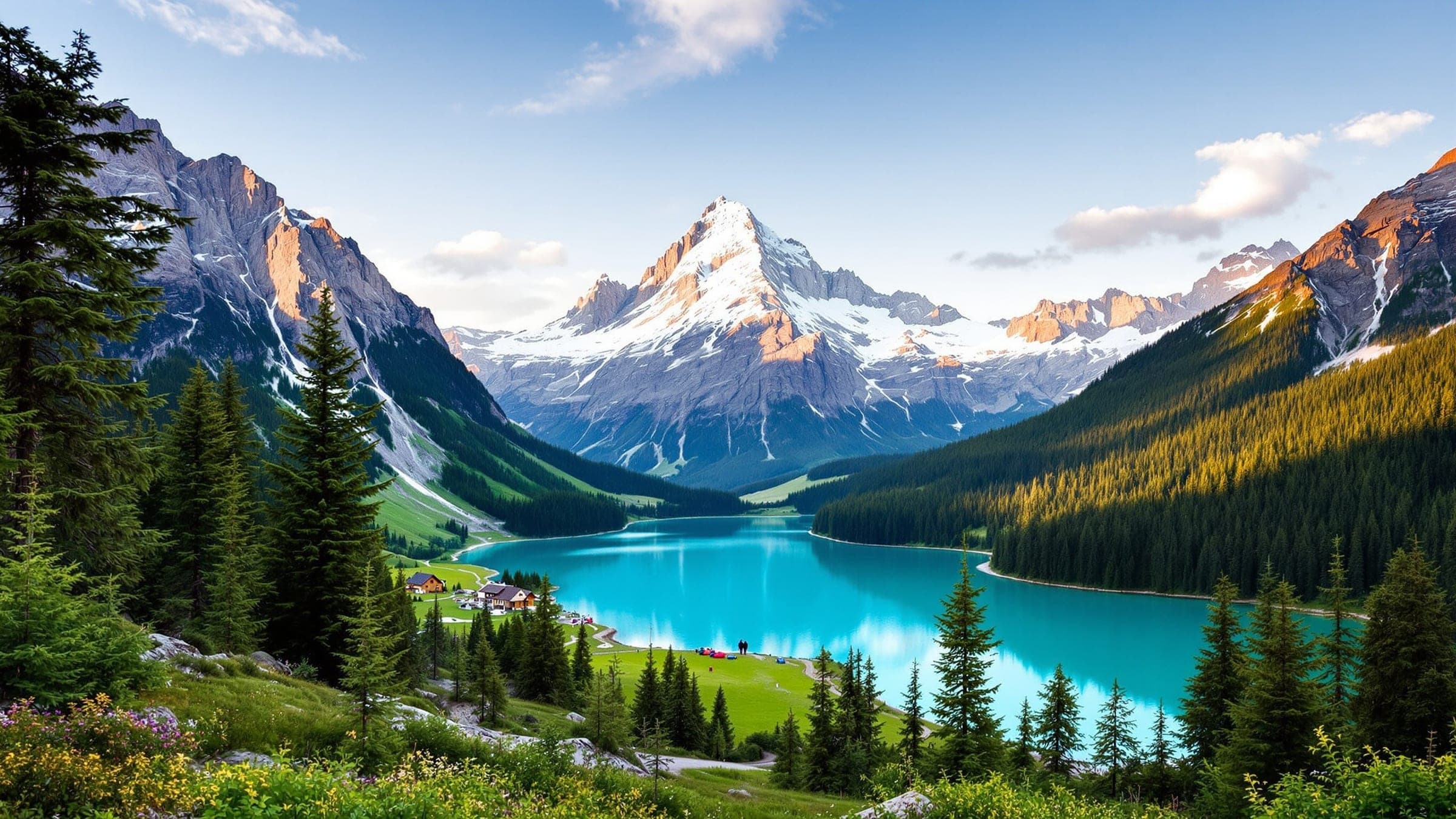 Sommets enneigés des Alpes au-dessus d’un lac turquoise et de forêts de sapins