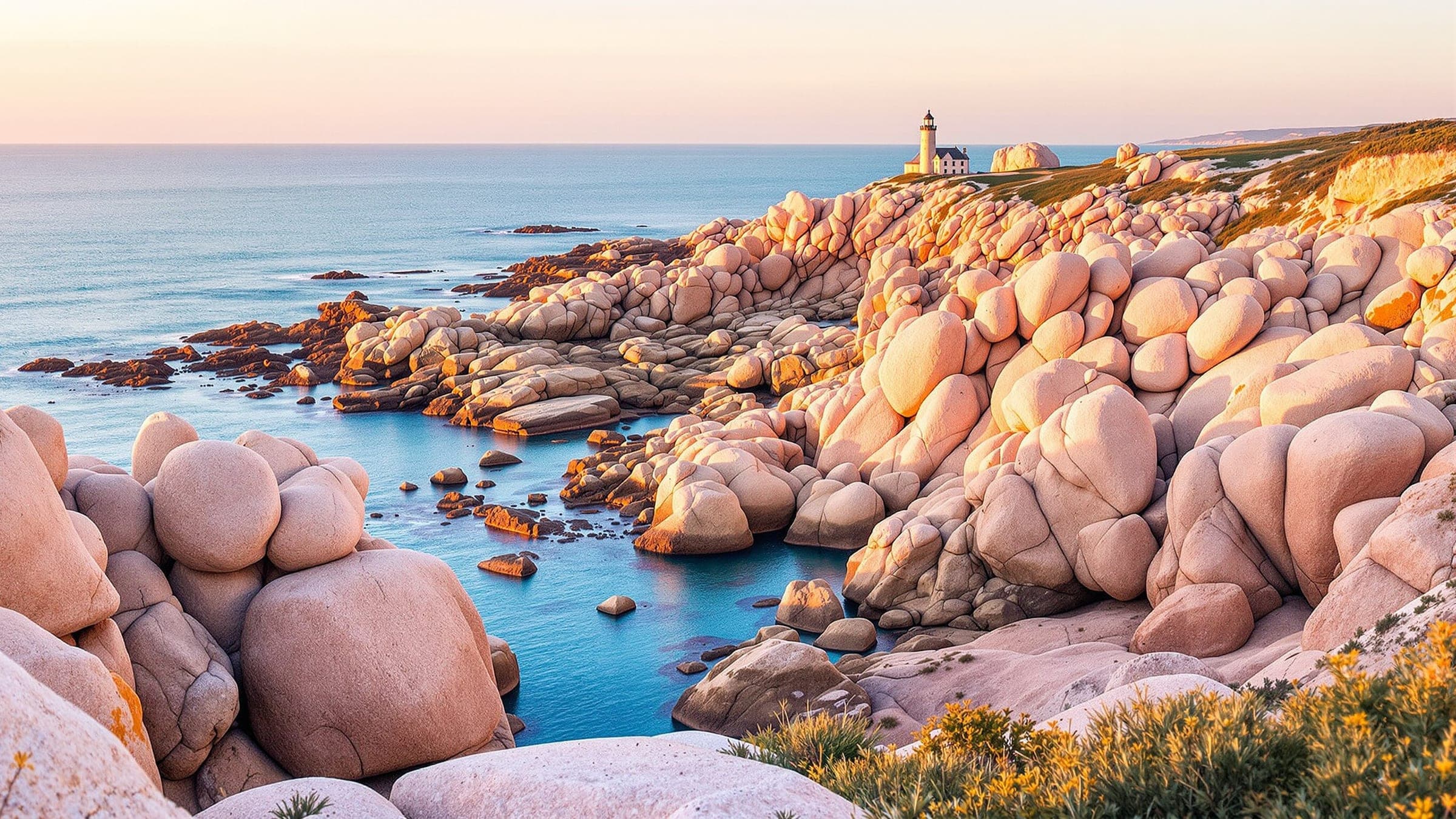 Rochers de granit rose de la côte de Ploumanac’h et leur phare au bord de la mer