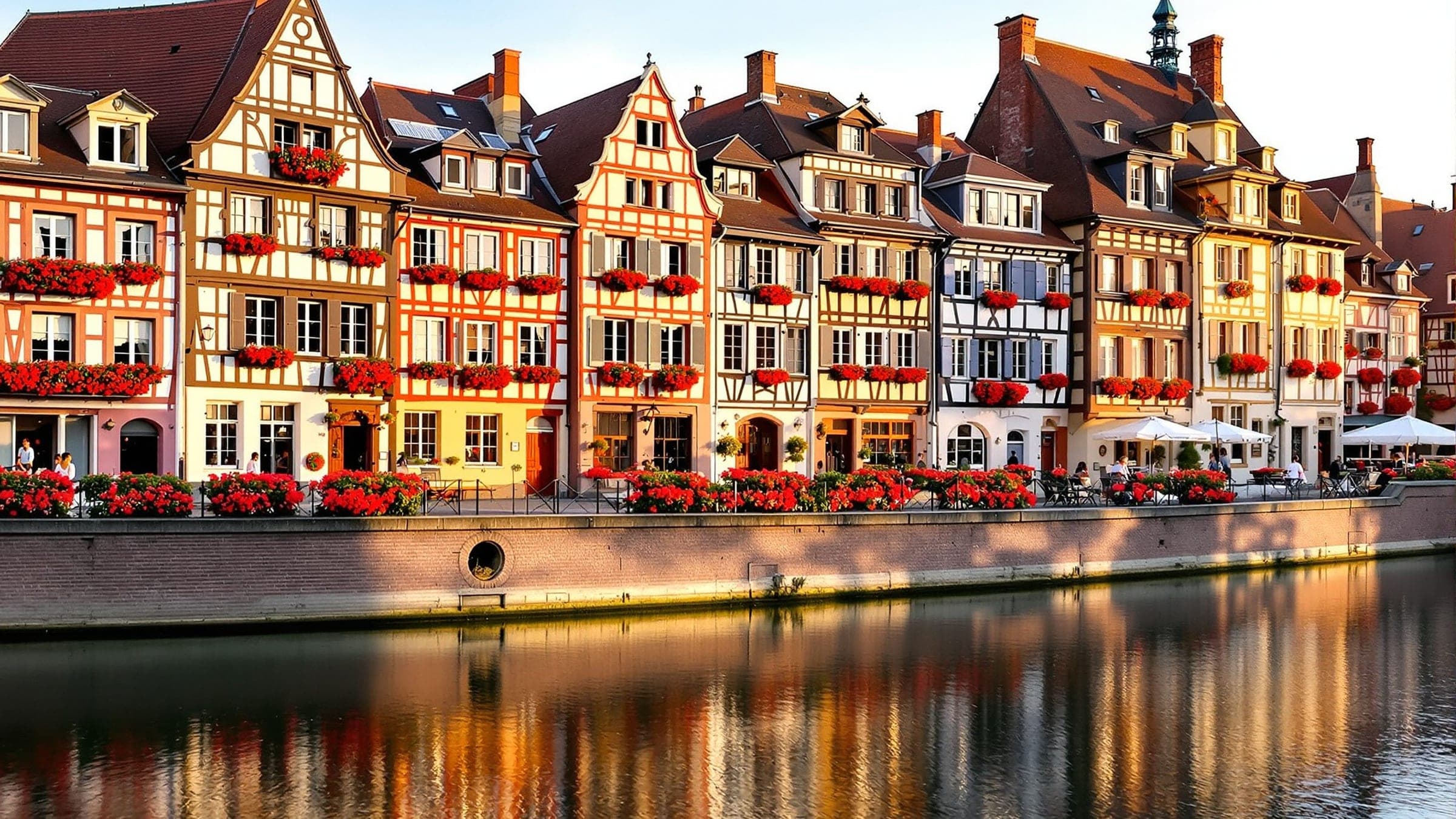 Maisons à colombages fleuries le long d’un canal, quartier de la Petite France à Strasbourg