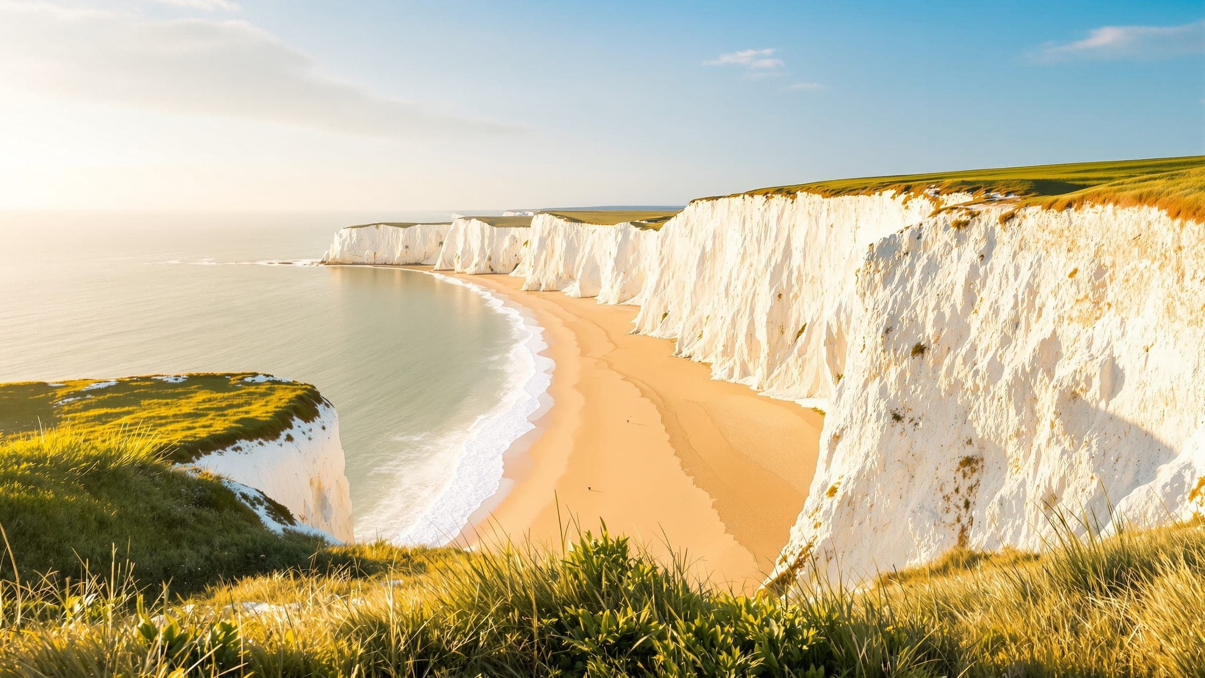 Falaises de craie blanche de la Côte d’Opale au-dessus d’une plage de sable