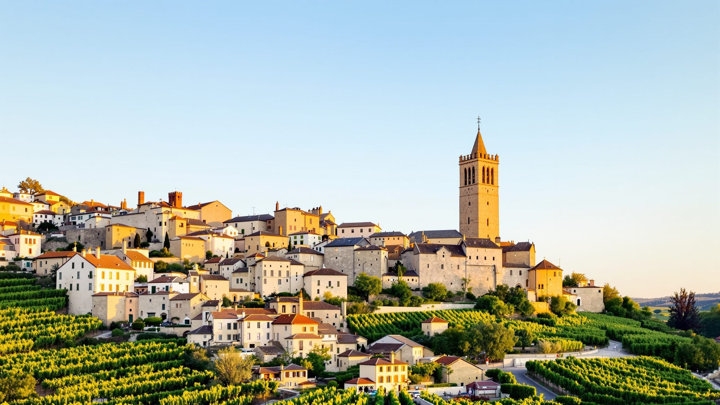 Village de Saint-Émilion en pierre blonde et son clocher au-dessus des vignes