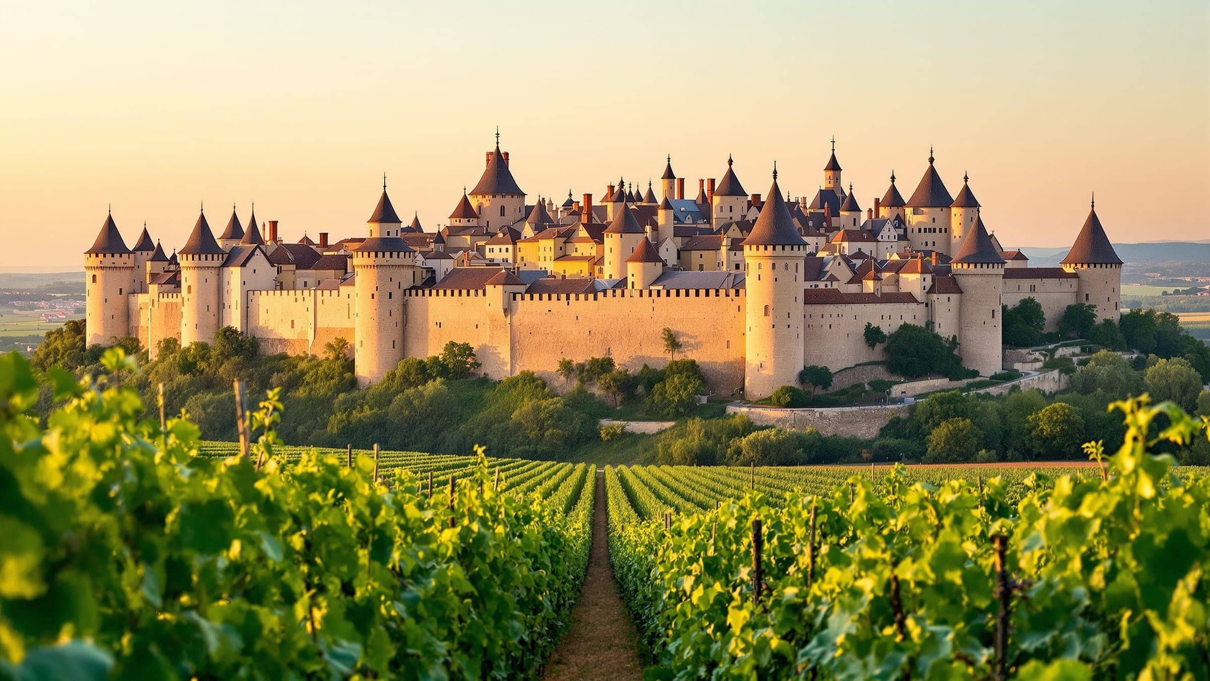 Remparts et tours de la cité de Carcassonne au-dessus des vignes, lumière du soir