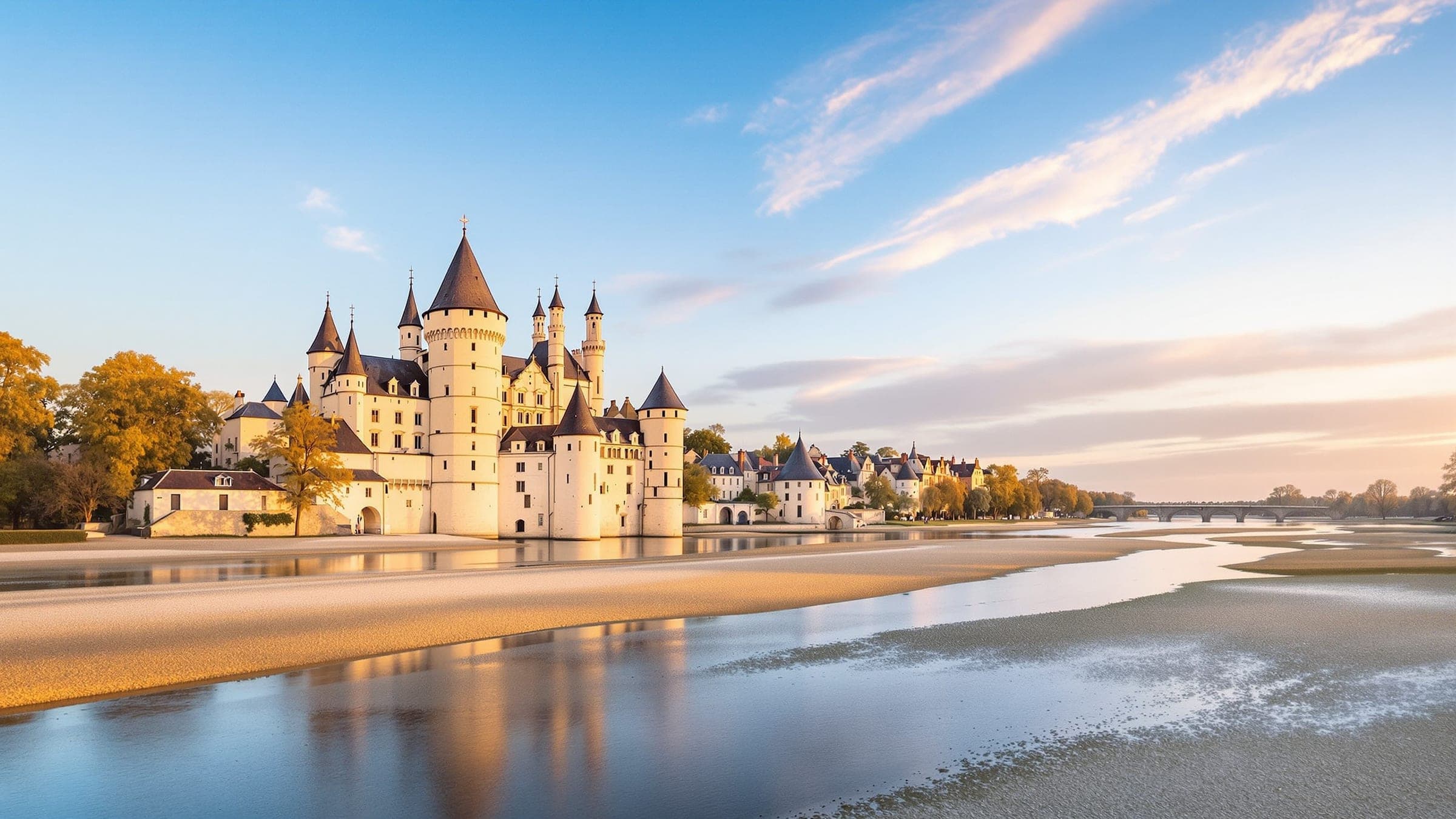 Château de la Loire en tuffeau blanc au bord du fleuve et de ses bancs de sable