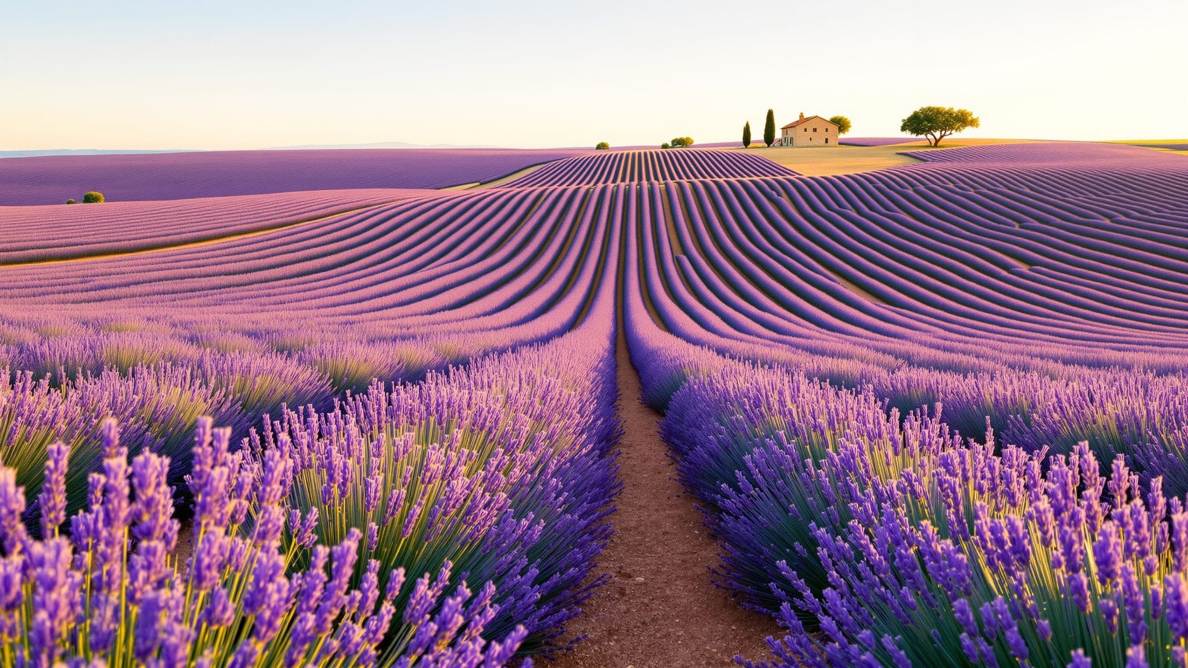 Rangs de lavande en fleurs sur le plateau de Valensole, mas en pierre à l’horizon