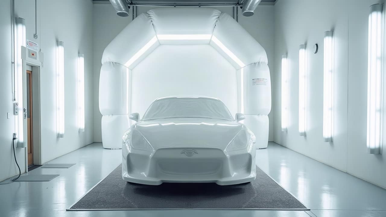 Enveloppe gonflable blanche en arche autour d'une voiture bâchée, dans un atelier aux murs blancs éclairés