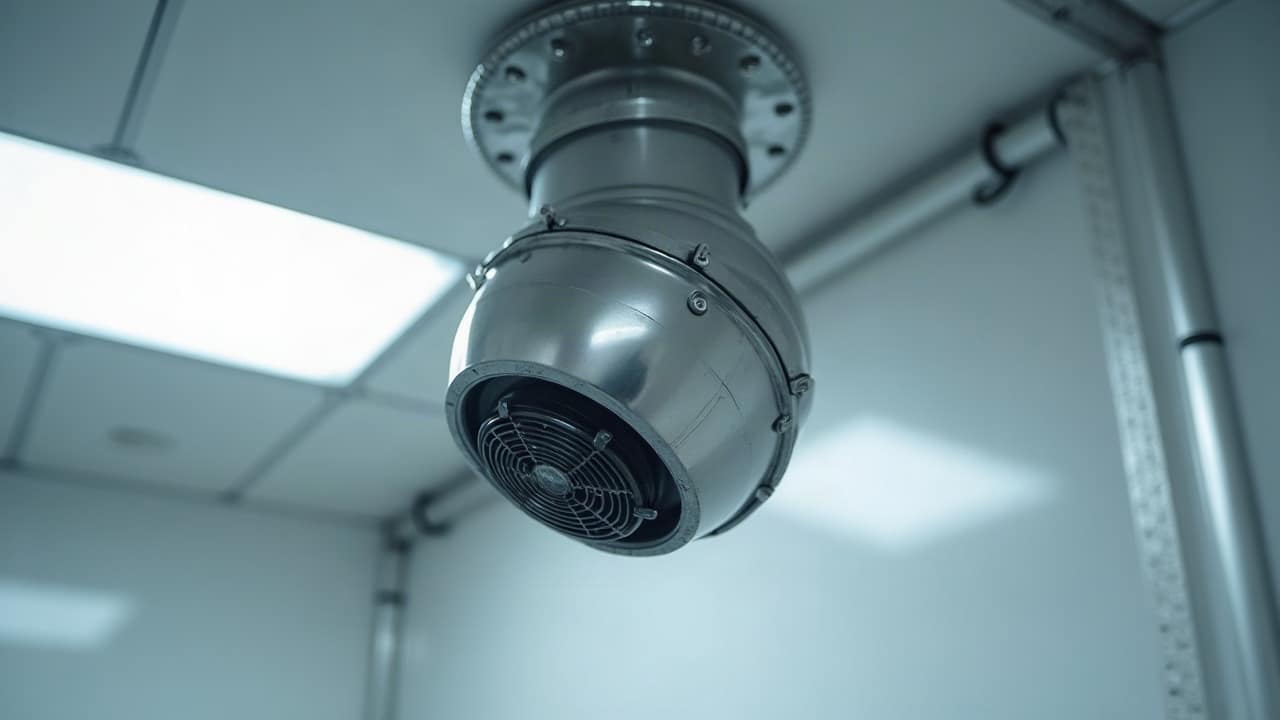 Extracteur métallique à ventilateur raccordé au plafond d'une cabine de peinture