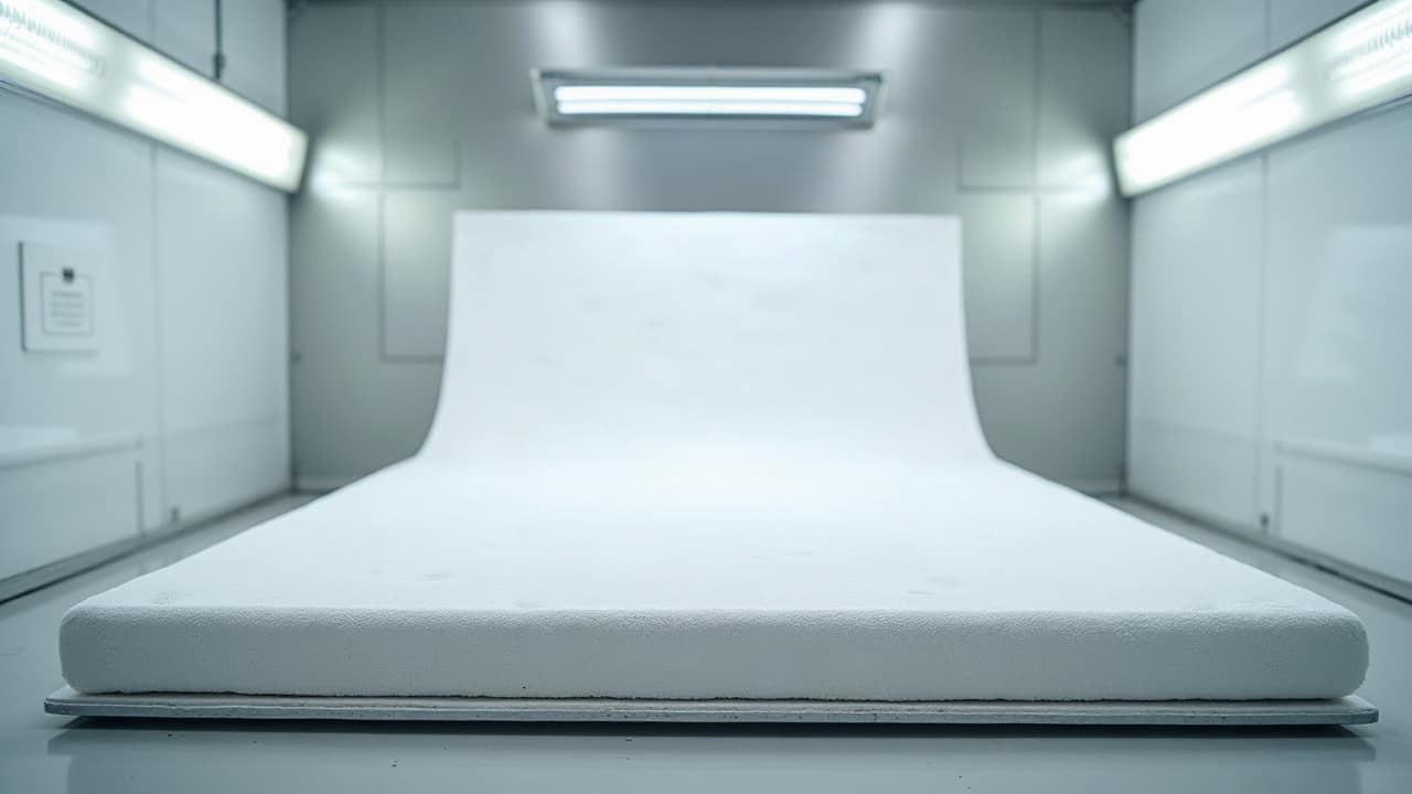 Matelas filtrant blanc neuf posé à plat dans une cabine de peinture éclairée