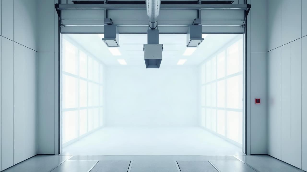 Cabine de peinture vide aux parois vitrées lumineuses, caissons techniques suspendus au plafond et trappes au sol